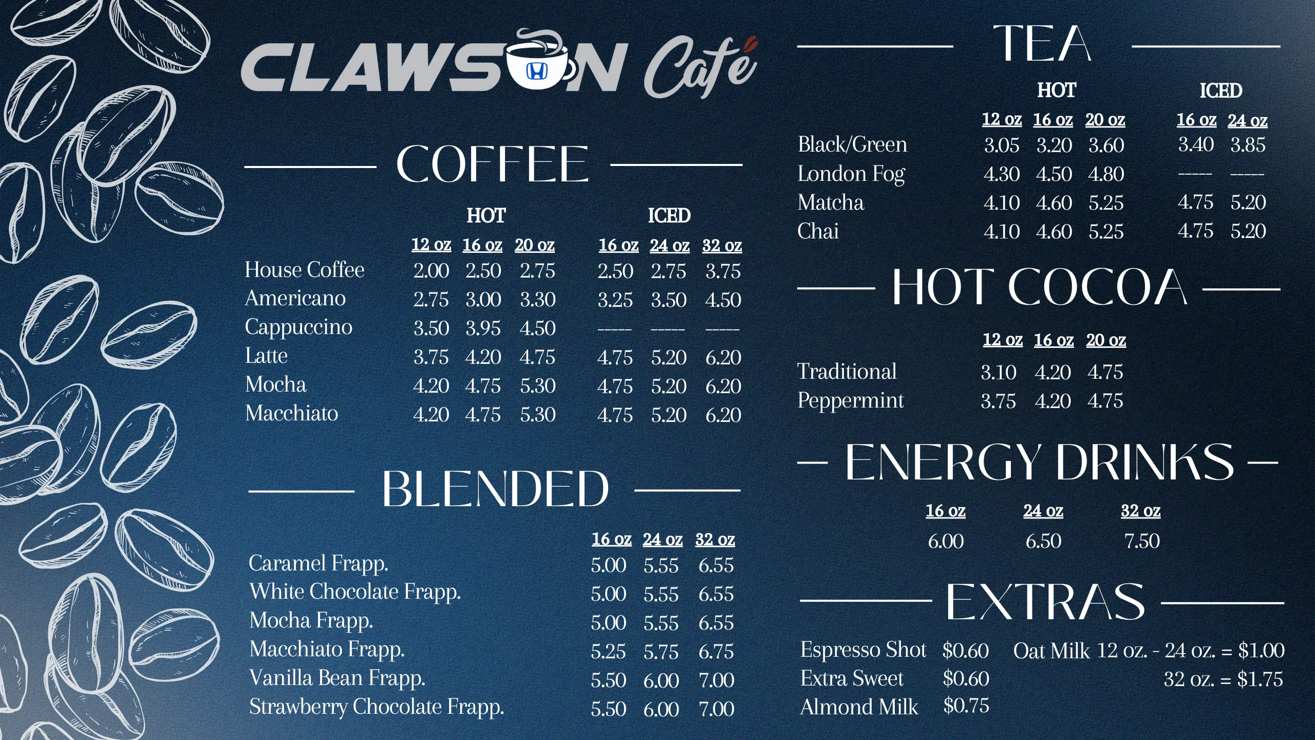 Clawson Cafe Menu